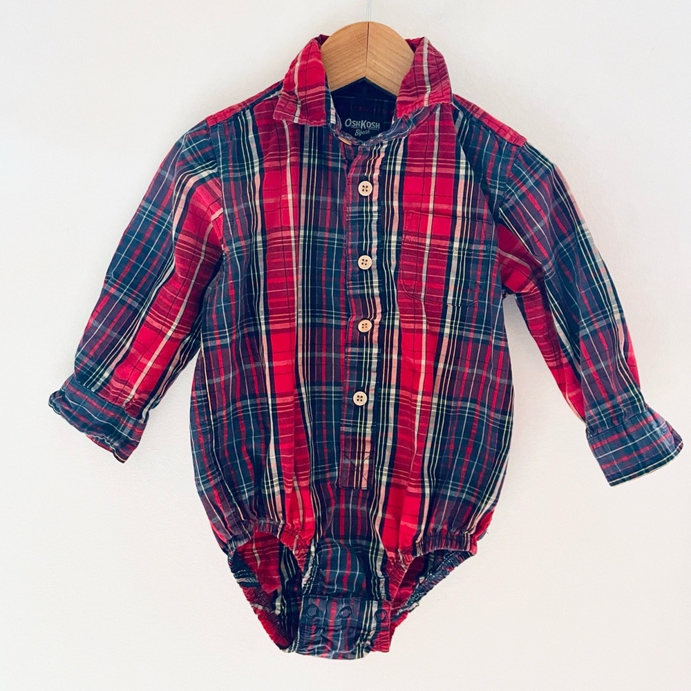 5/$30💥Like New Plaid Long-Sleeve Button-Down Dress Shirt, Baby Boy, Red Navy